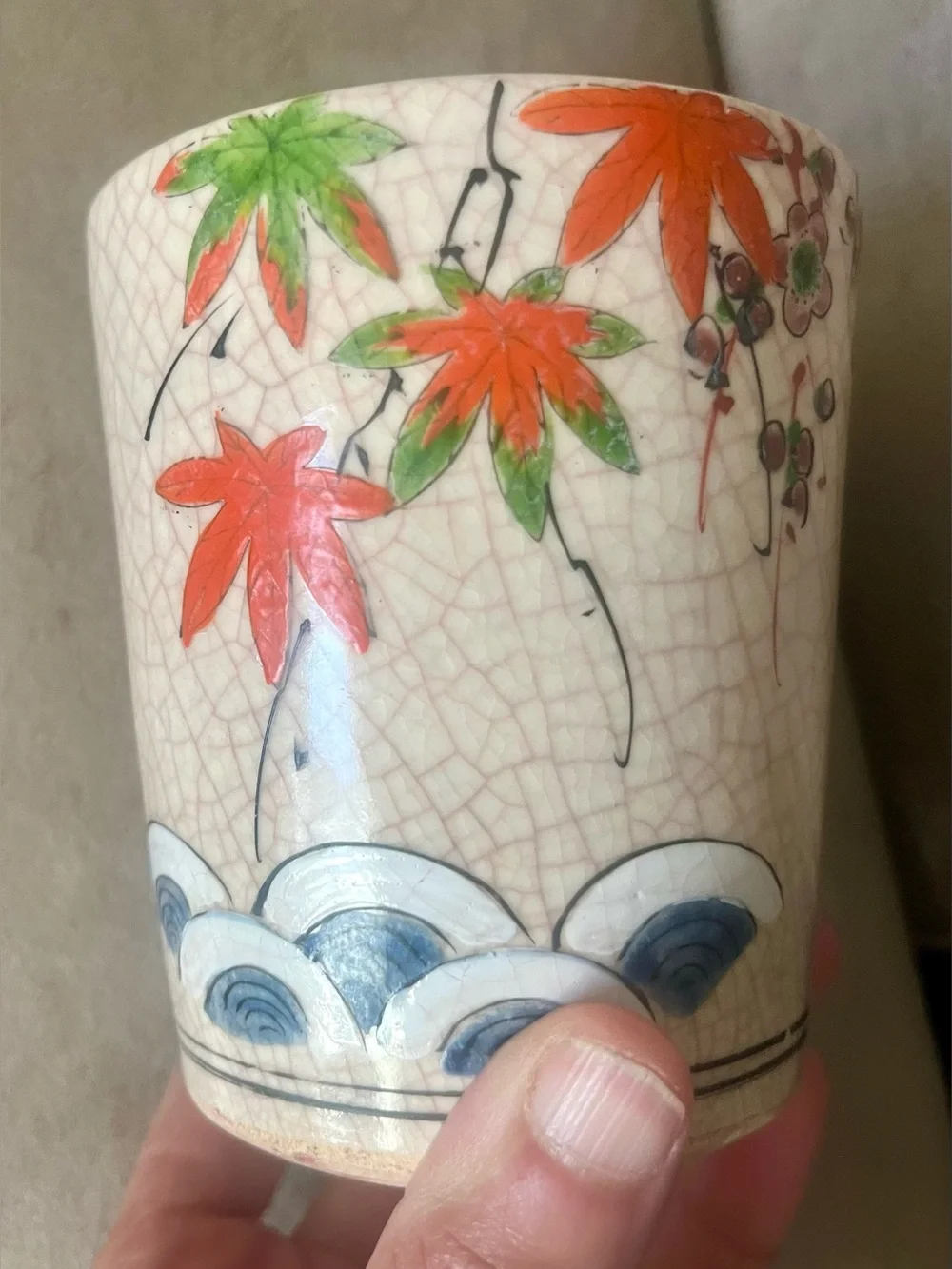 Vintage Japanese Yunomi Tea Cup Signed Maple Crackle Glaze
